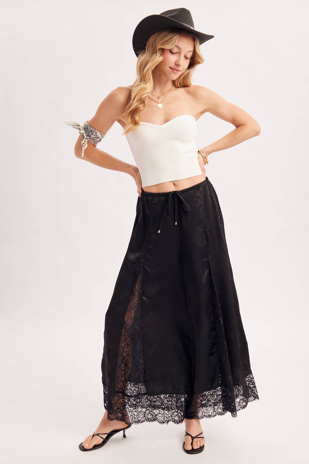 SATIN LACE TRIMMED DRAWSTRING PALAZZO PANTS