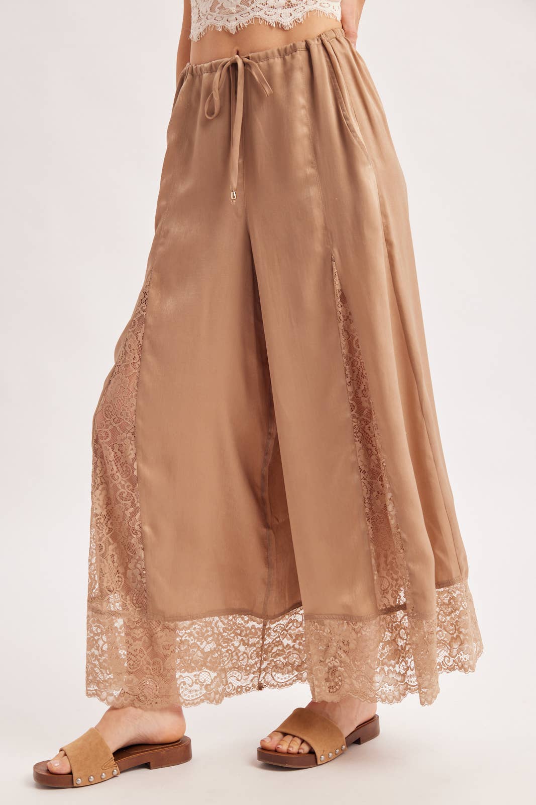 SATIN LACE TRIMMED DRAWSTRING PALAZZO PANTS