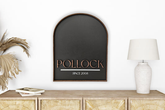 Custom Family Name Sign - Wood Arch Sign With Leather Border