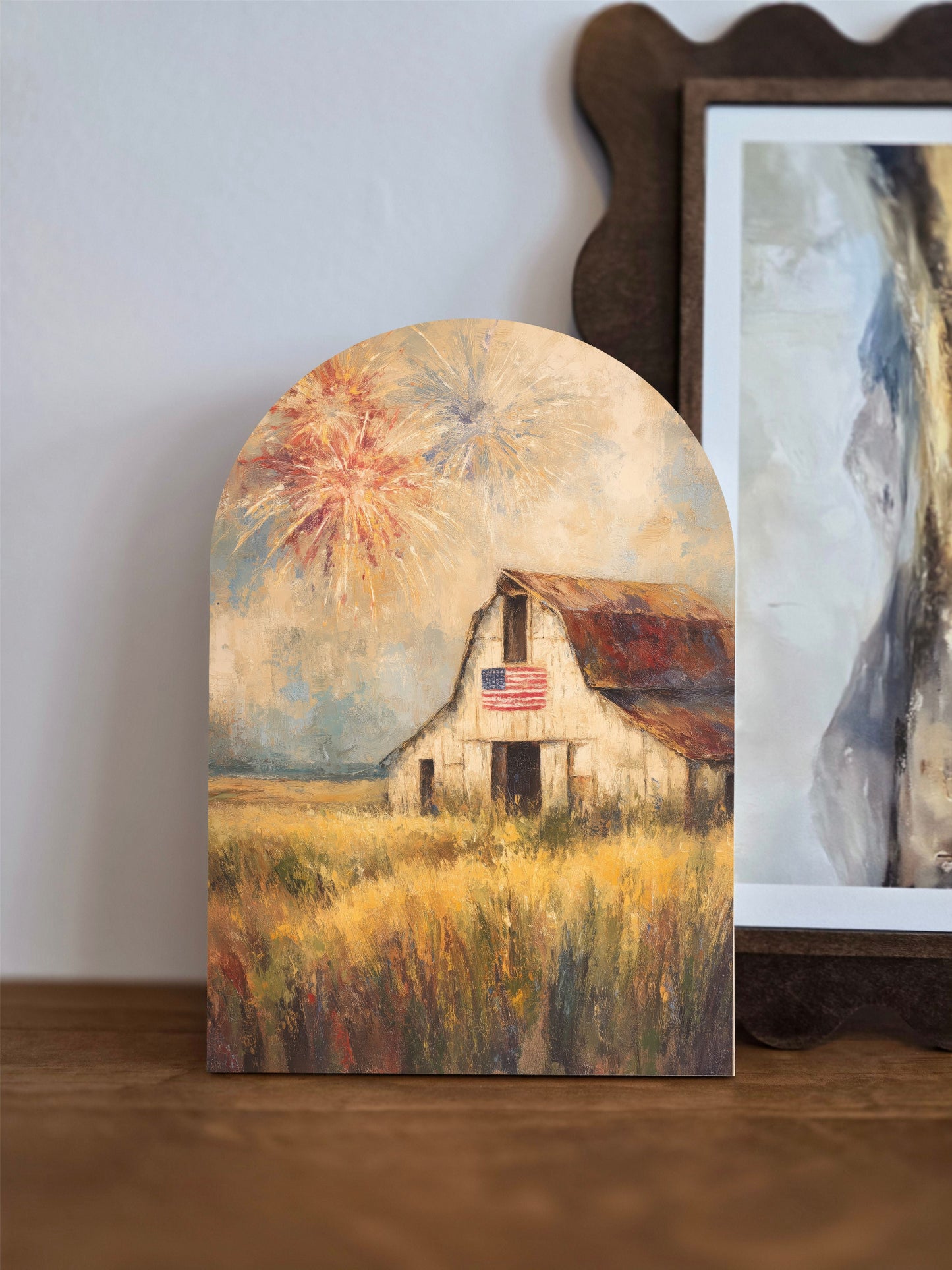 Patriotic Barn & Fireworks Wood Arch Sign – Americana Summer Decor