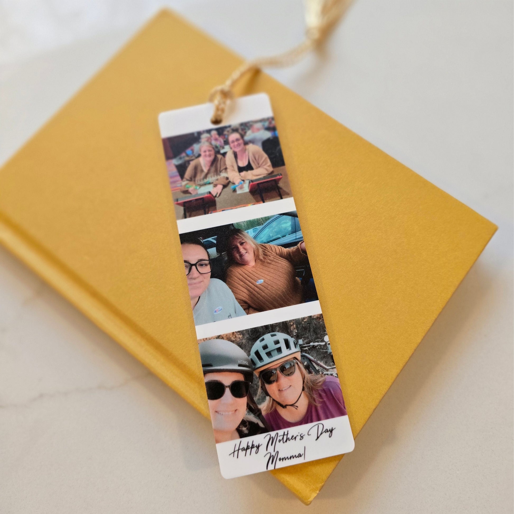 Custom photo bookmark printed on white acrylic with custom message at the bottom.