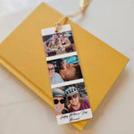 Custom photo bookmark printed on white acrylic with custom message at the bottom.
