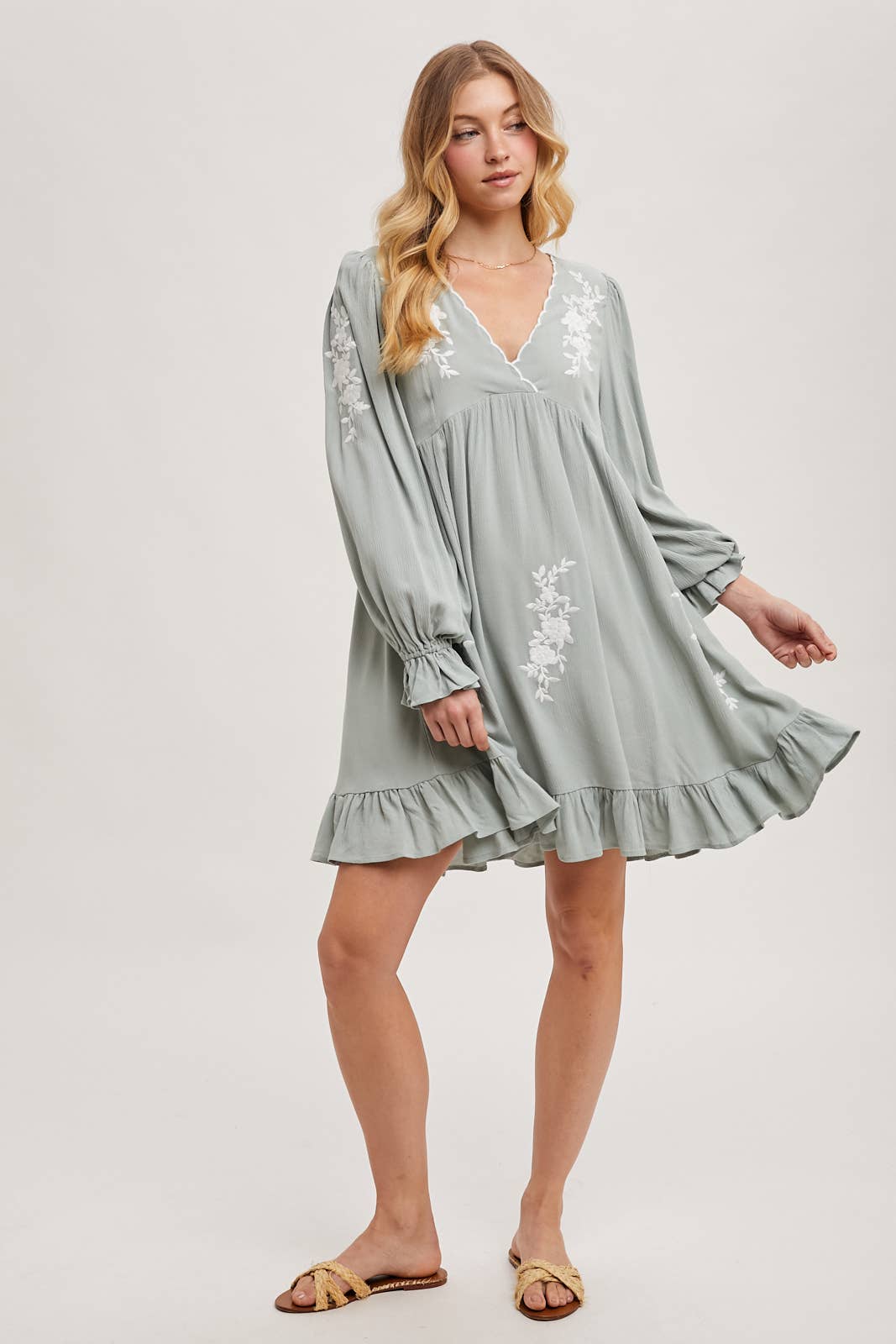 EMBROIDERED V-NECK RUFFLED DRESS - EASTER DAY