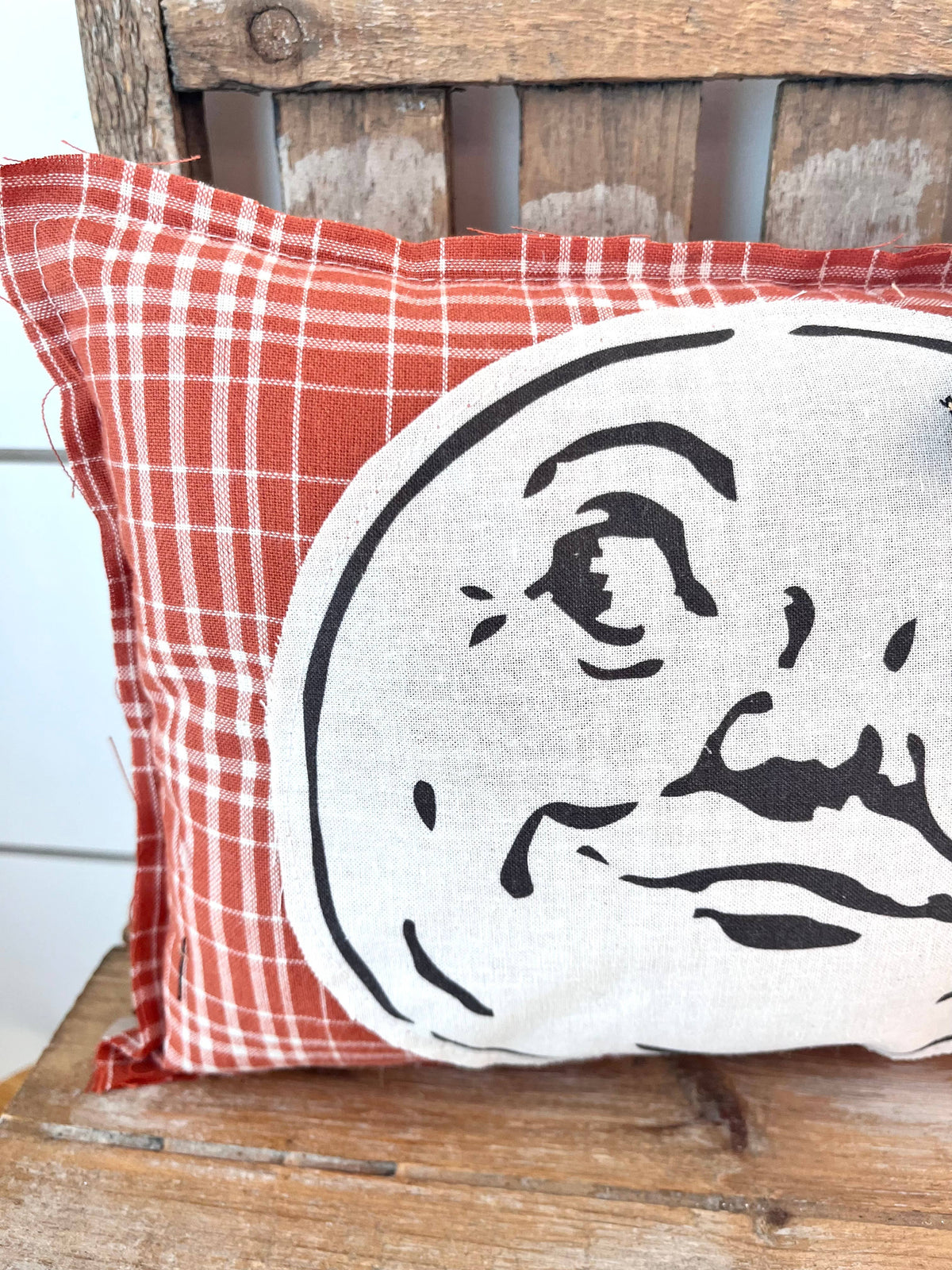 Close-up of man-in-the-moon face on red plaid pillow.