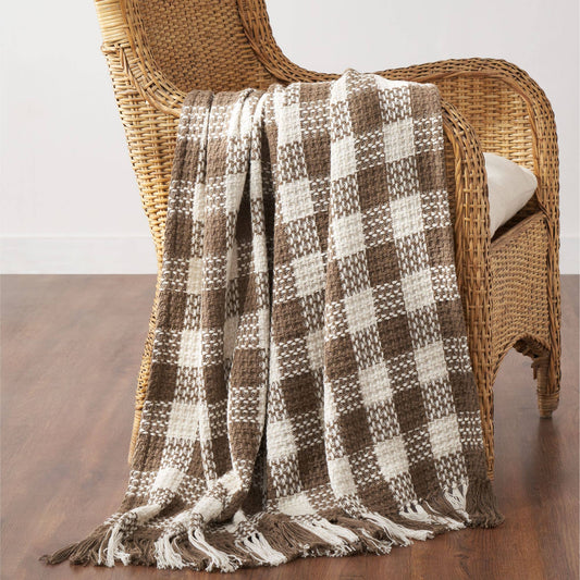 Cocoa Brown Heritage Check Throw Blanket with Fringe 50x60