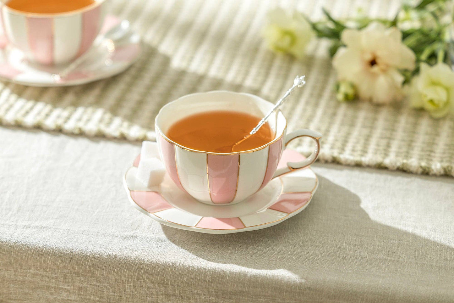 Pink and White Scallop 7oz Fine Porcelain Tea Cup and Saucer