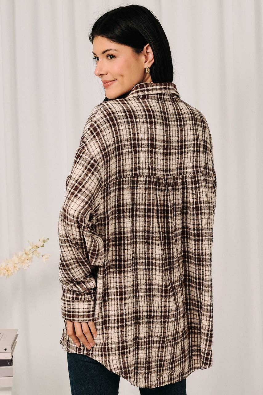 Oversized Plaid Pocket Long Sleeve Button Down Shirt