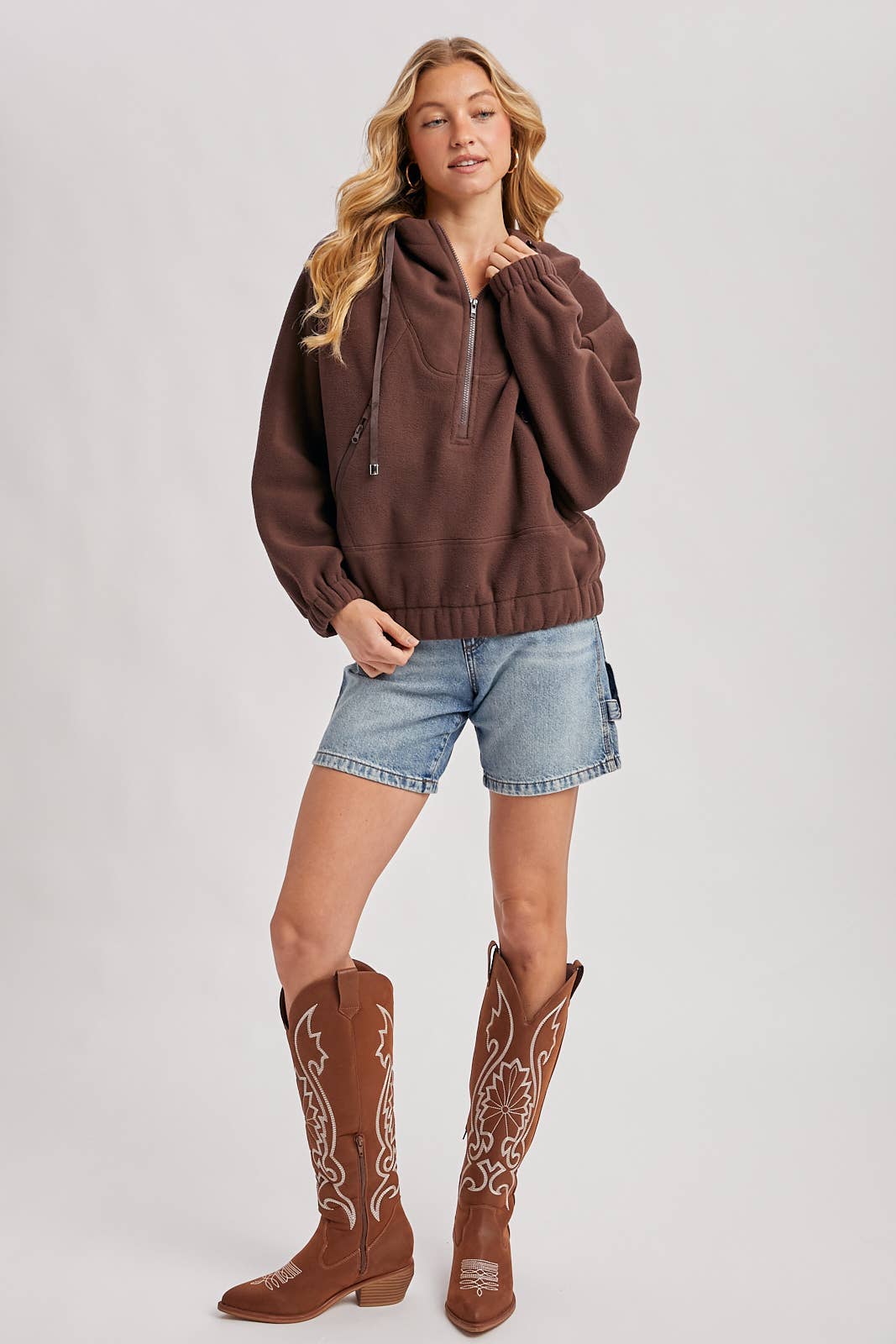 HALF-ZIPPER FRONT HOODIE FLEECE PULLOVER