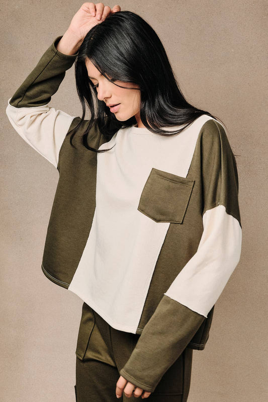 Colorblock Raw Edge Long Sleeve Pocket Sweatshirt Top - Oversized