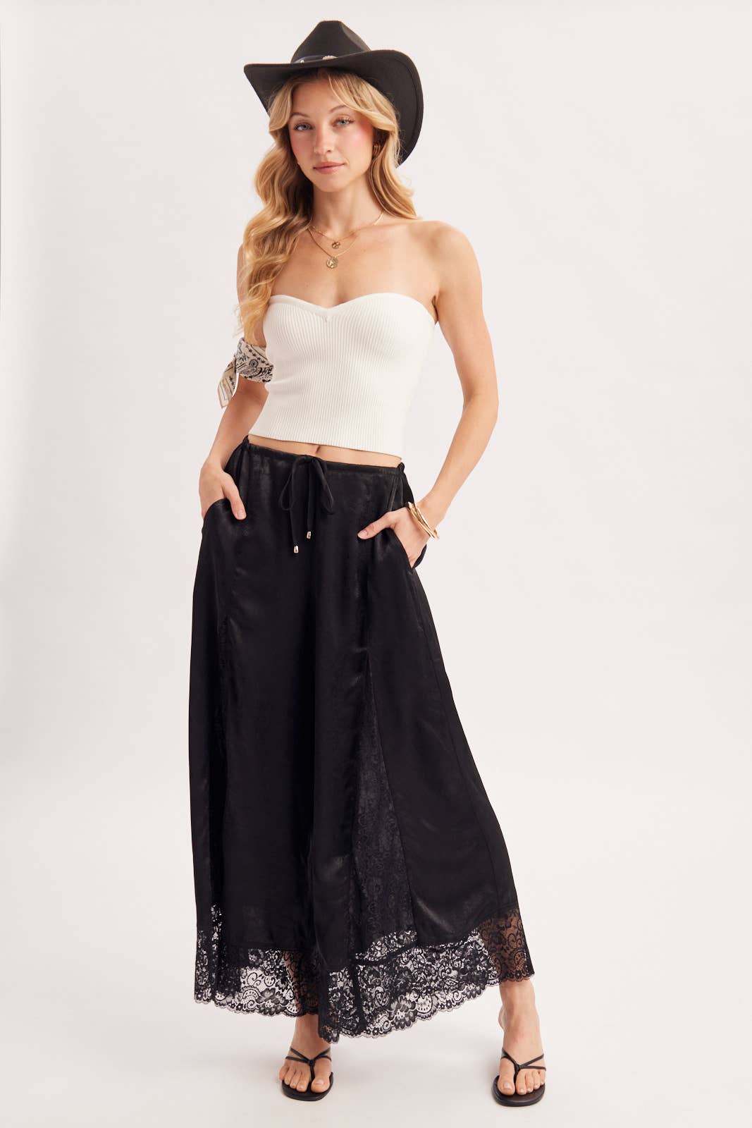 SATIN LACE TRIMMED DRAWSTRING PALAZZO PANTS