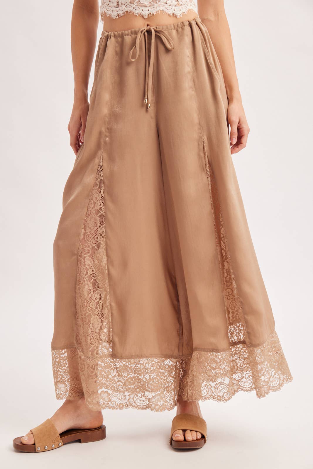 SATIN LACE TRIMMED DRAWSTRING PALAZZO PANTS