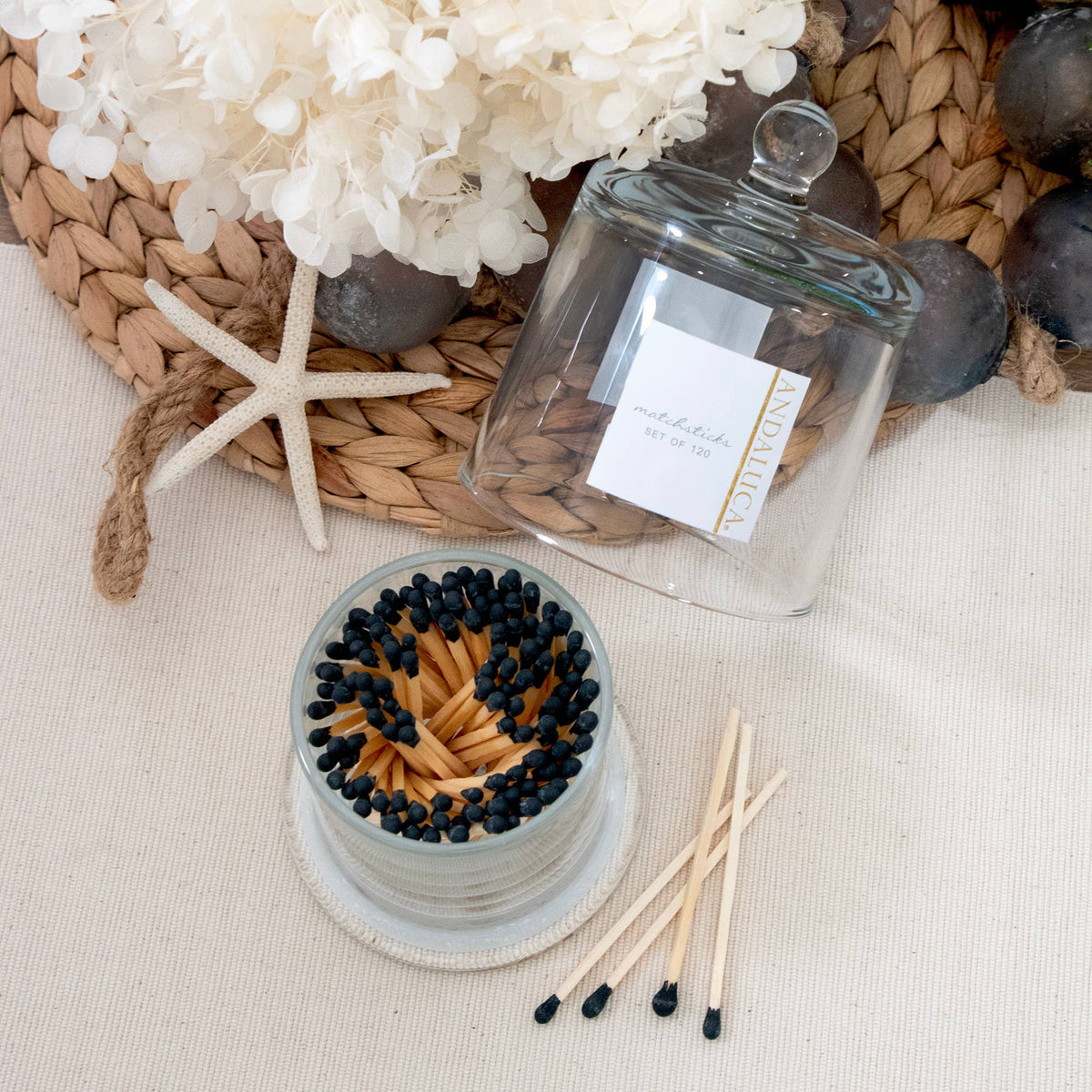 Glass Jar with Lid & 120 Wooden Black Matches