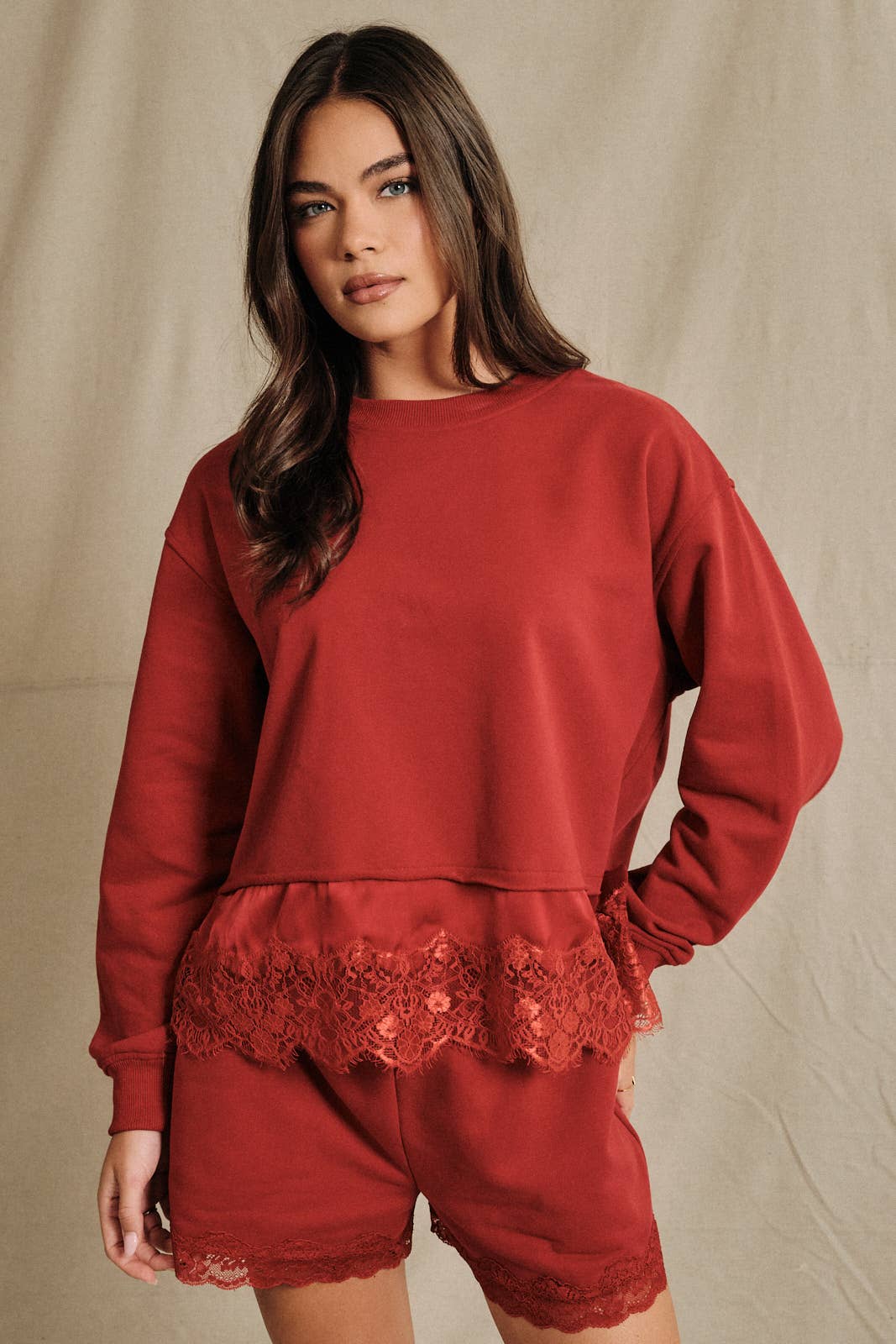 Round Neck Lace Trimmed Hem Long Sleeve Sweatshirt