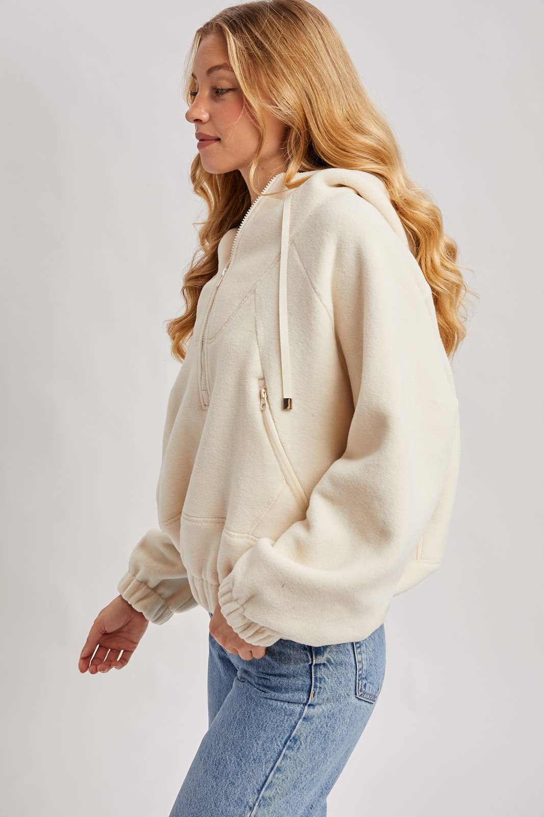 HALF-ZIPPER FRONT HOODIE FLEECE PULLOVER