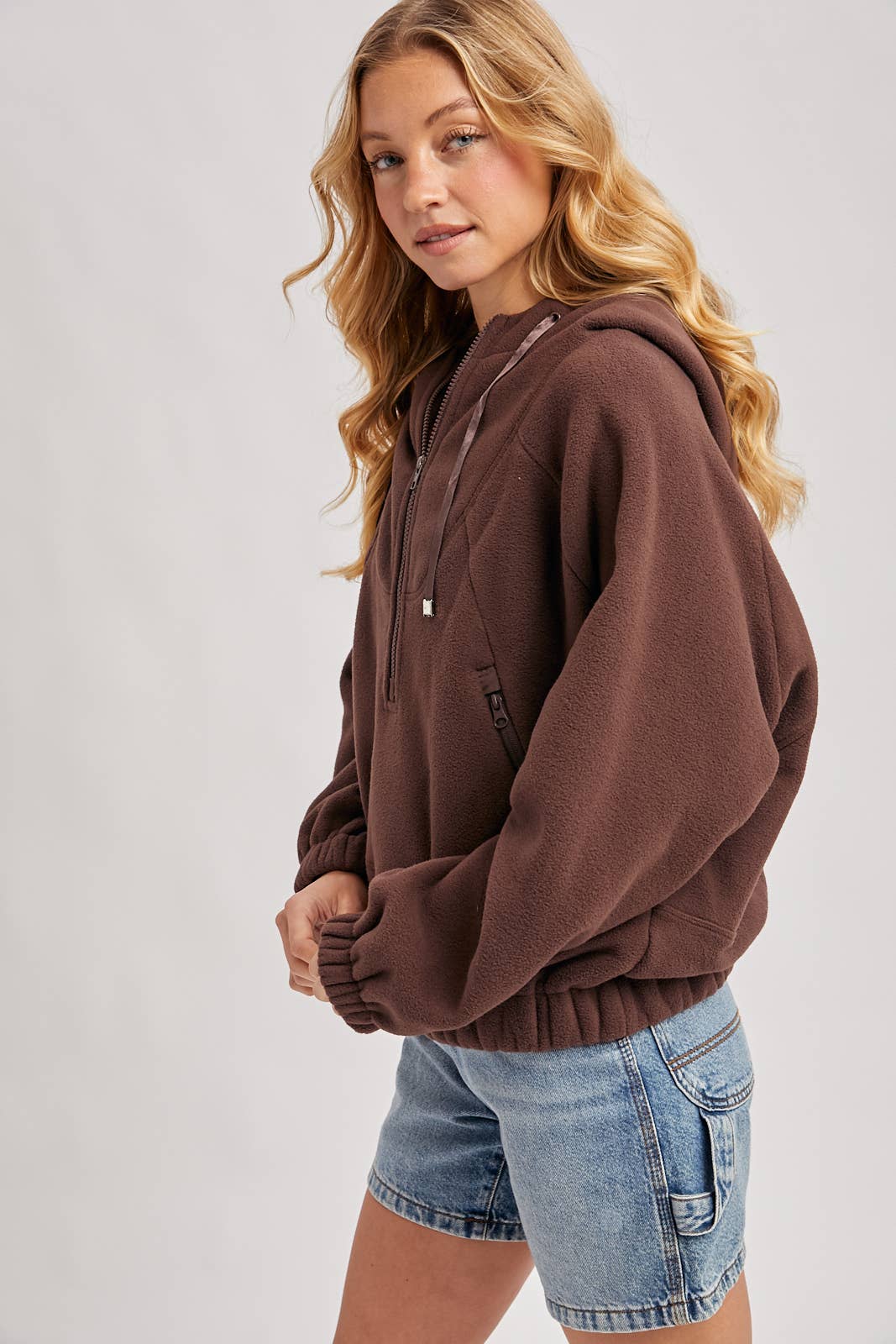 HALF-ZIPPER FRONT HOODIE FLEECE PULLOVER