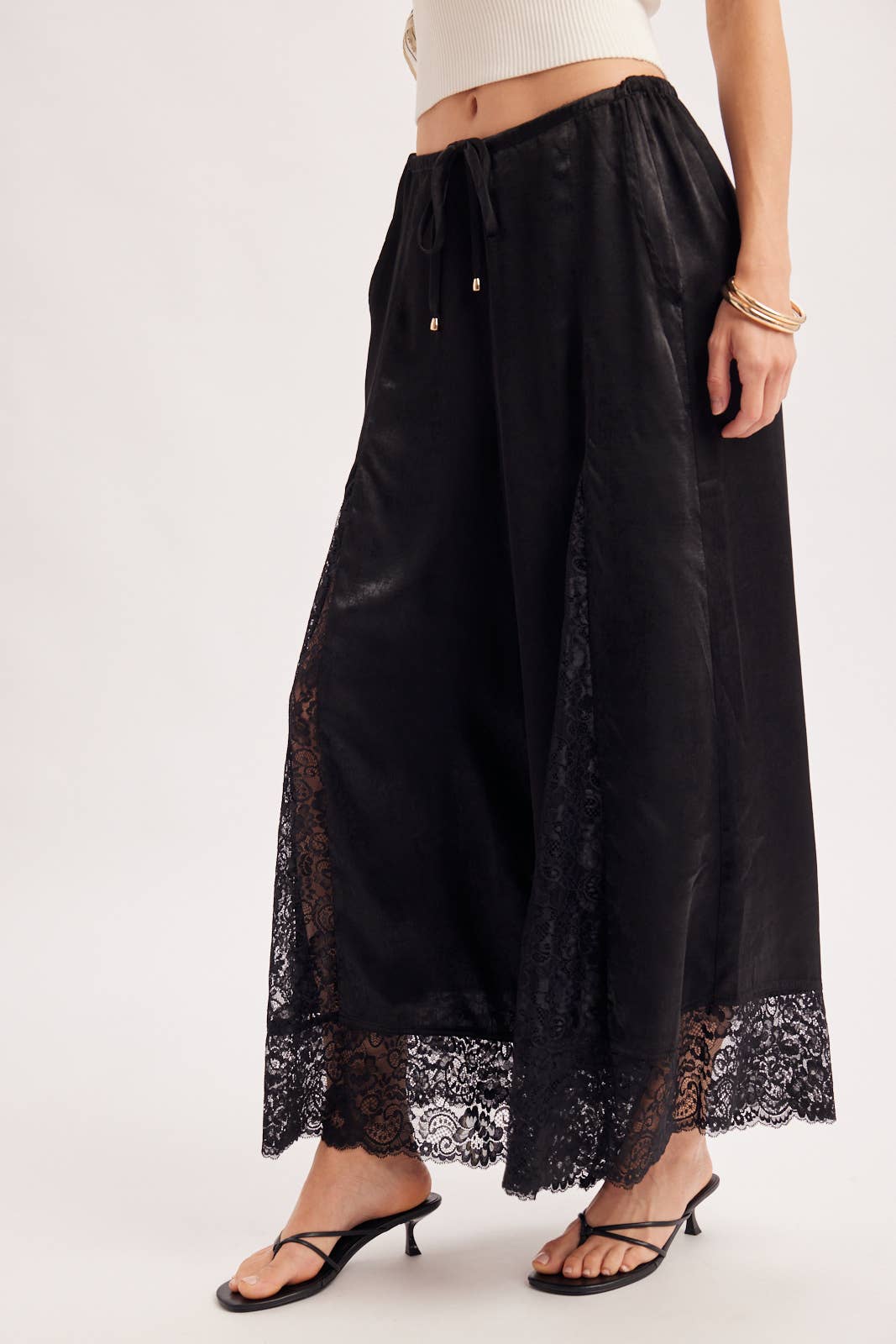 SATIN LACE TRIMMED DRAWSTRING PALAZZO PANTS