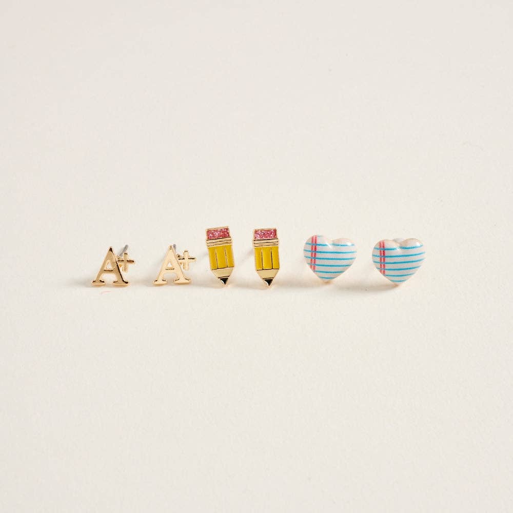 0.5 Inch School Notebook Pencil A+ 3 Pair Earring Set