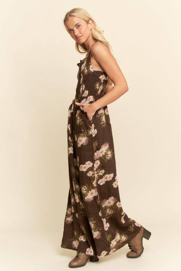 FLORAL RUFFLE SQUARE NECK SMOCKING BODICE JUMPSUIT