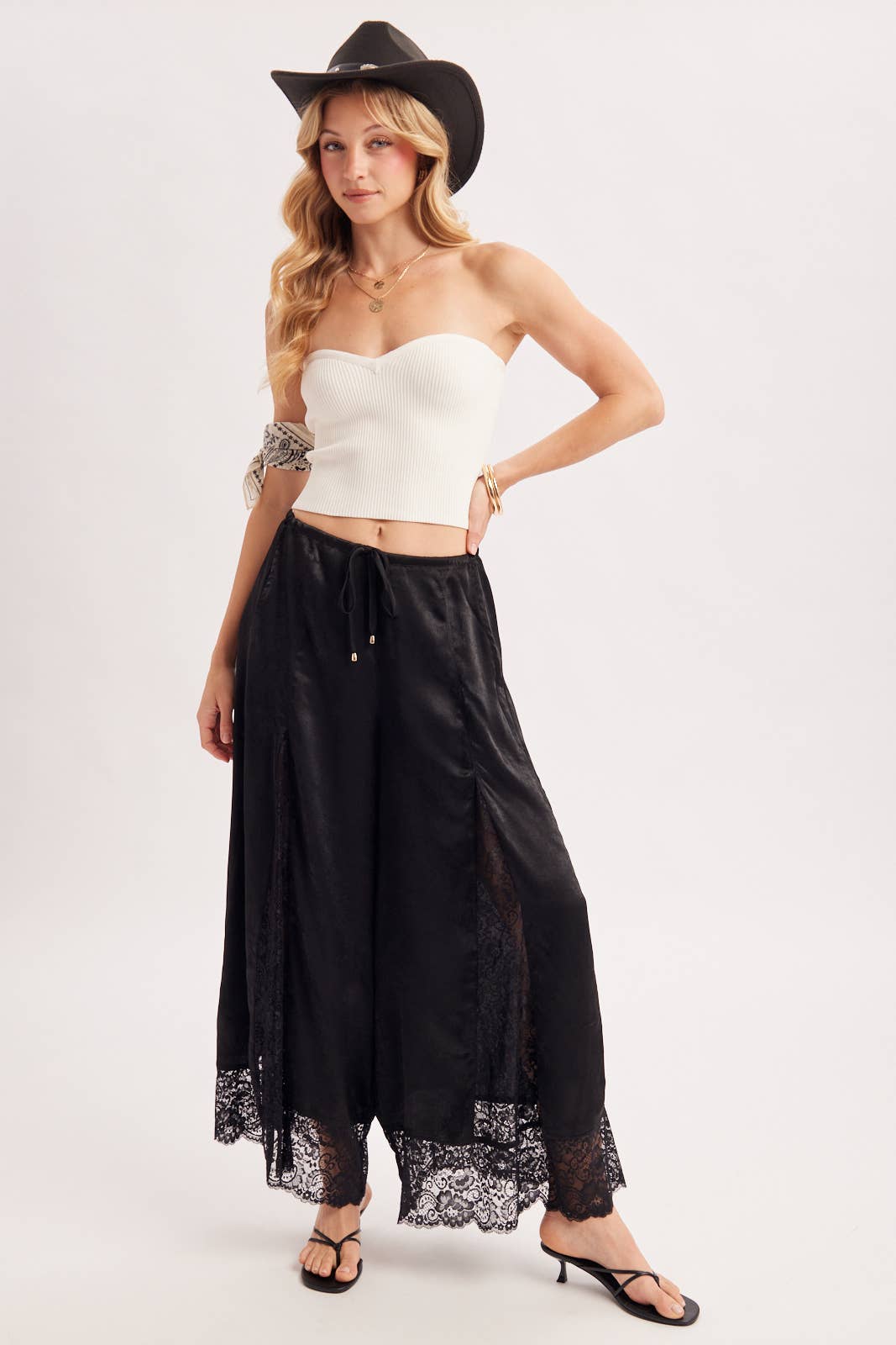 SATIN LACE TRIMMED DRAWSTRING PALAZZO PANTS