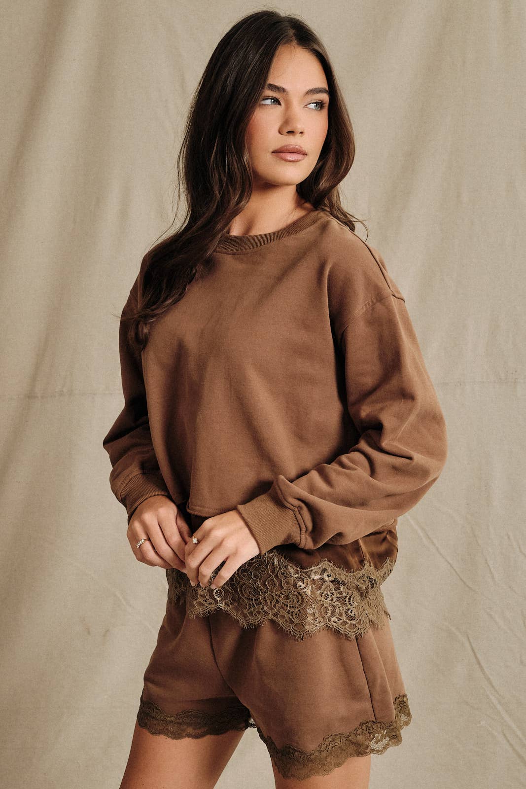 Round Neck Lace Trimmed Hem Long Sleeve Sweatshirt
