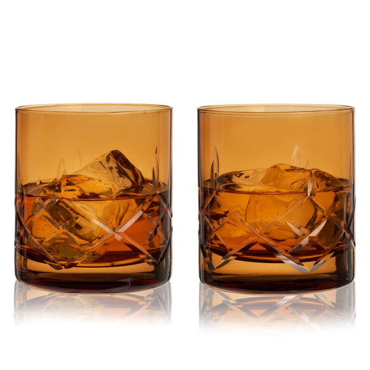 Admiral™ Hand Etched Crystal Rocks Glasses Amber Set of 2