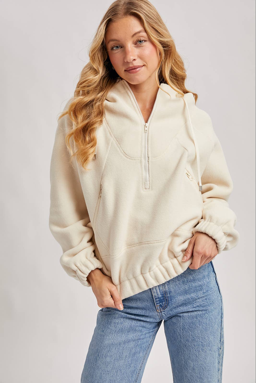 HALF-ZIPPER FRONT HOODIE FLEECE PULLOVER