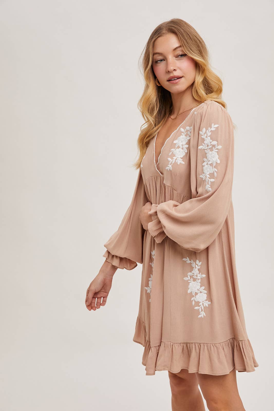 EMBROIDERED V-NECK RUFFLED DRESS - EASTER DAY