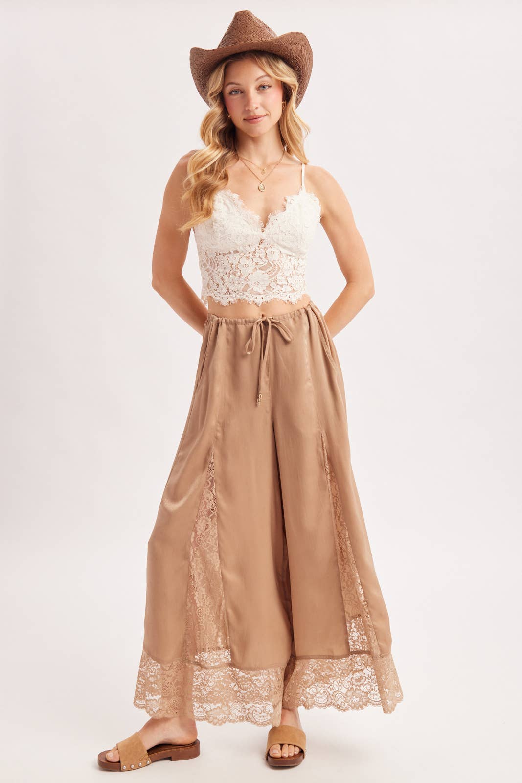 SATIN LACE TRIMMED DRAWSTRING PALAZZO PANTS