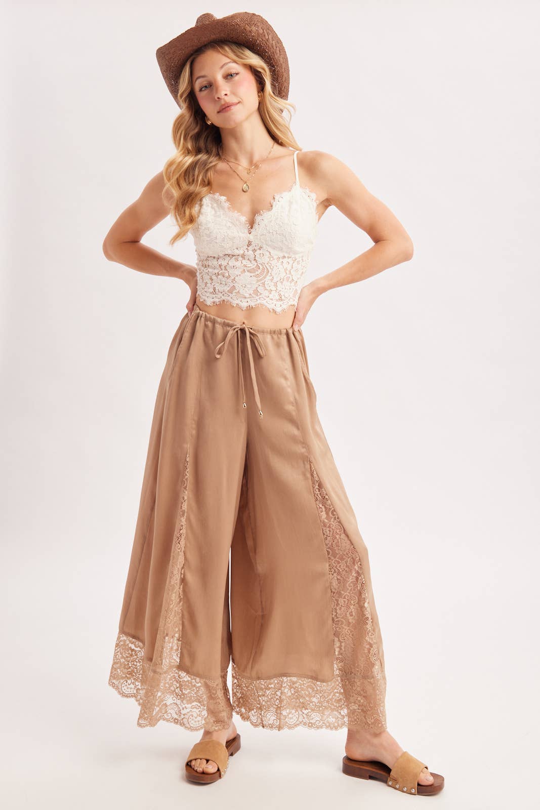 SATIN LACE TRIMMED DRAWSTRING PALAZZO PANTS