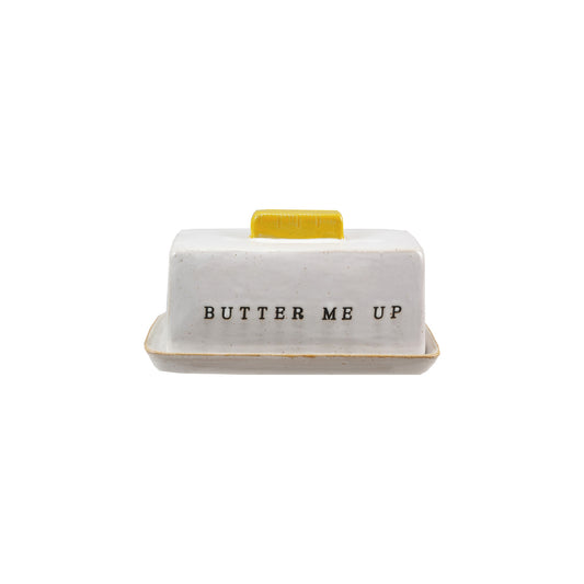 Stoneware Butter Dish w/ Debossed "Butter Me Up", Reactive Glaze (Each One Will Vary)