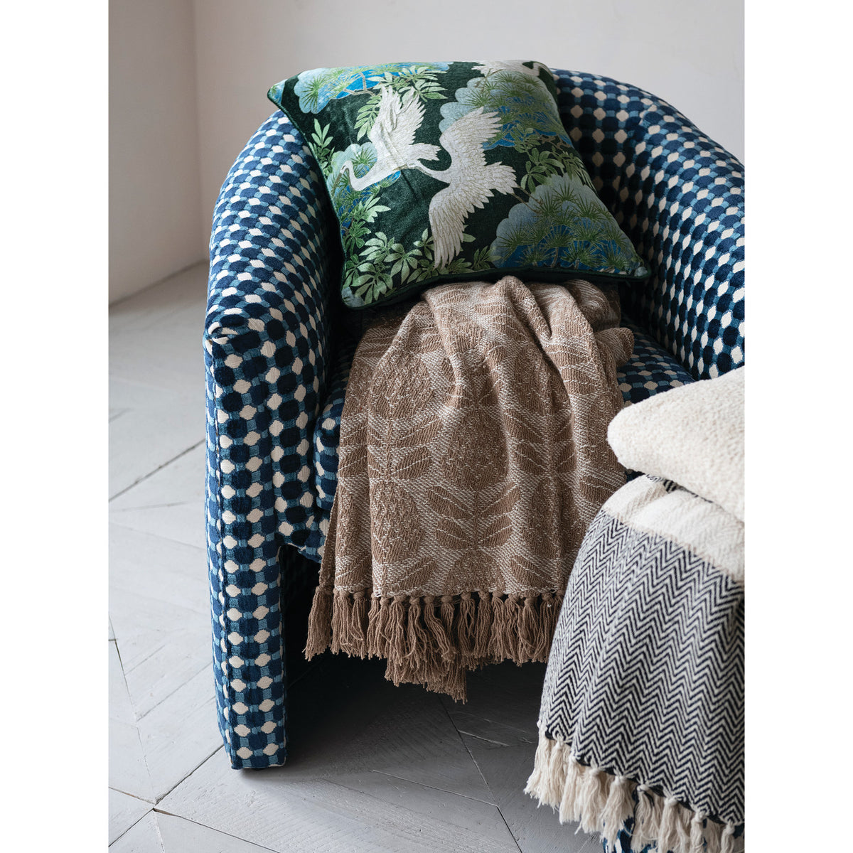 Woven Recycled Cotton Blend Jacquard Throw with Floral Pattern & Fringe