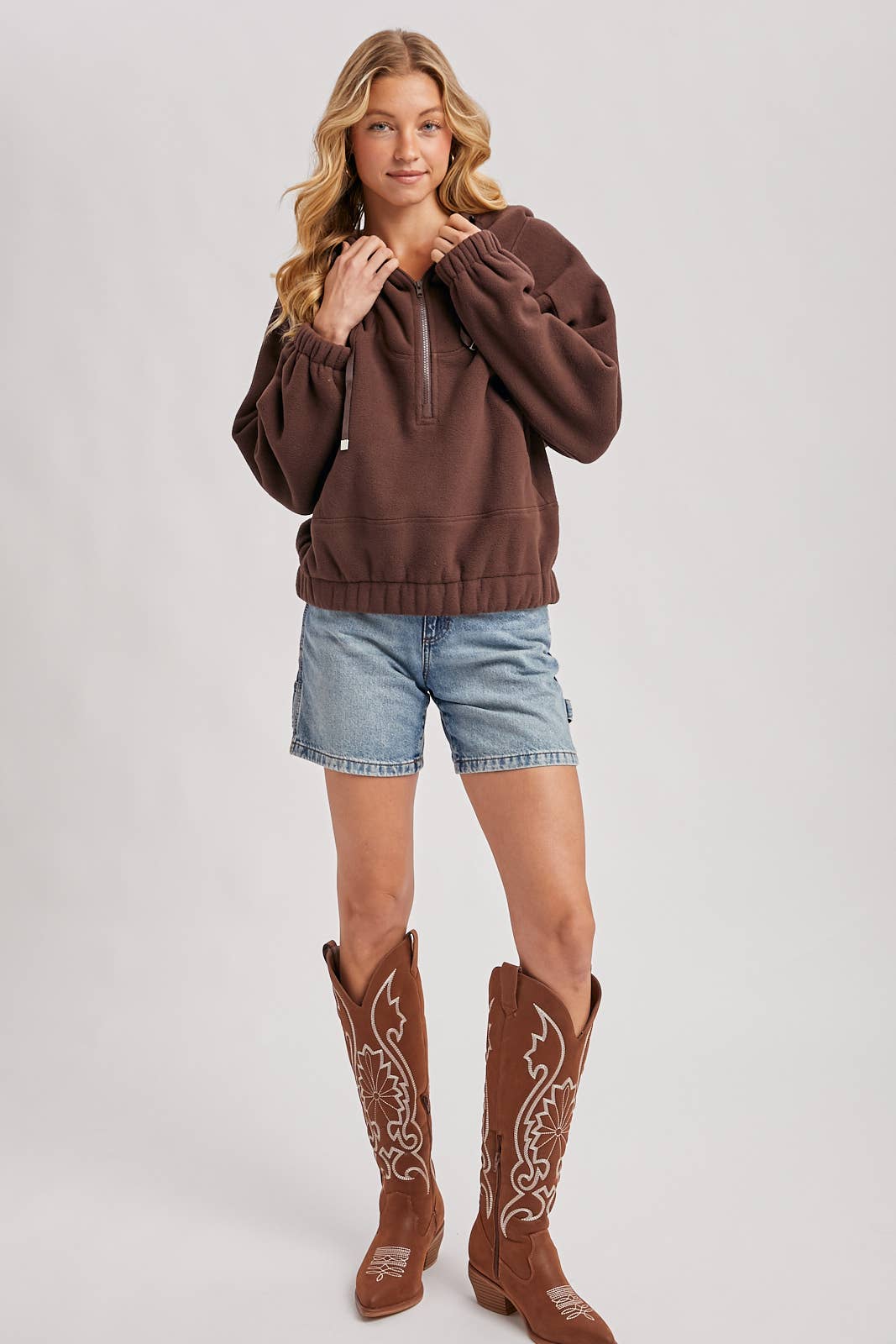 HALF-ZIPPER FRONT HOODIE FLEECE PULLOVER