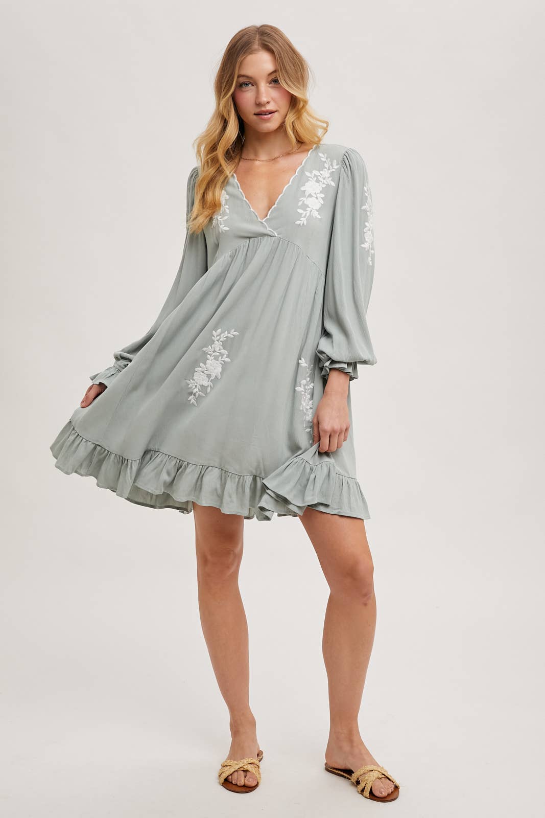 EMBROIDERED V-NECK RUFFLED DRESS - EASTER DAY