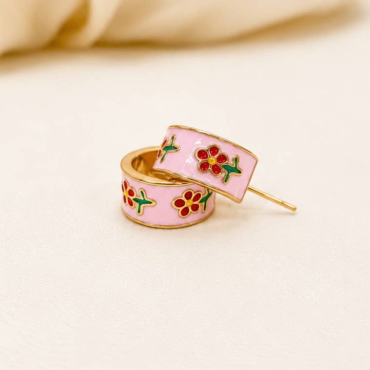 Garden Meadow Flower Enamel Huggie Hoop Earrings | 40E512