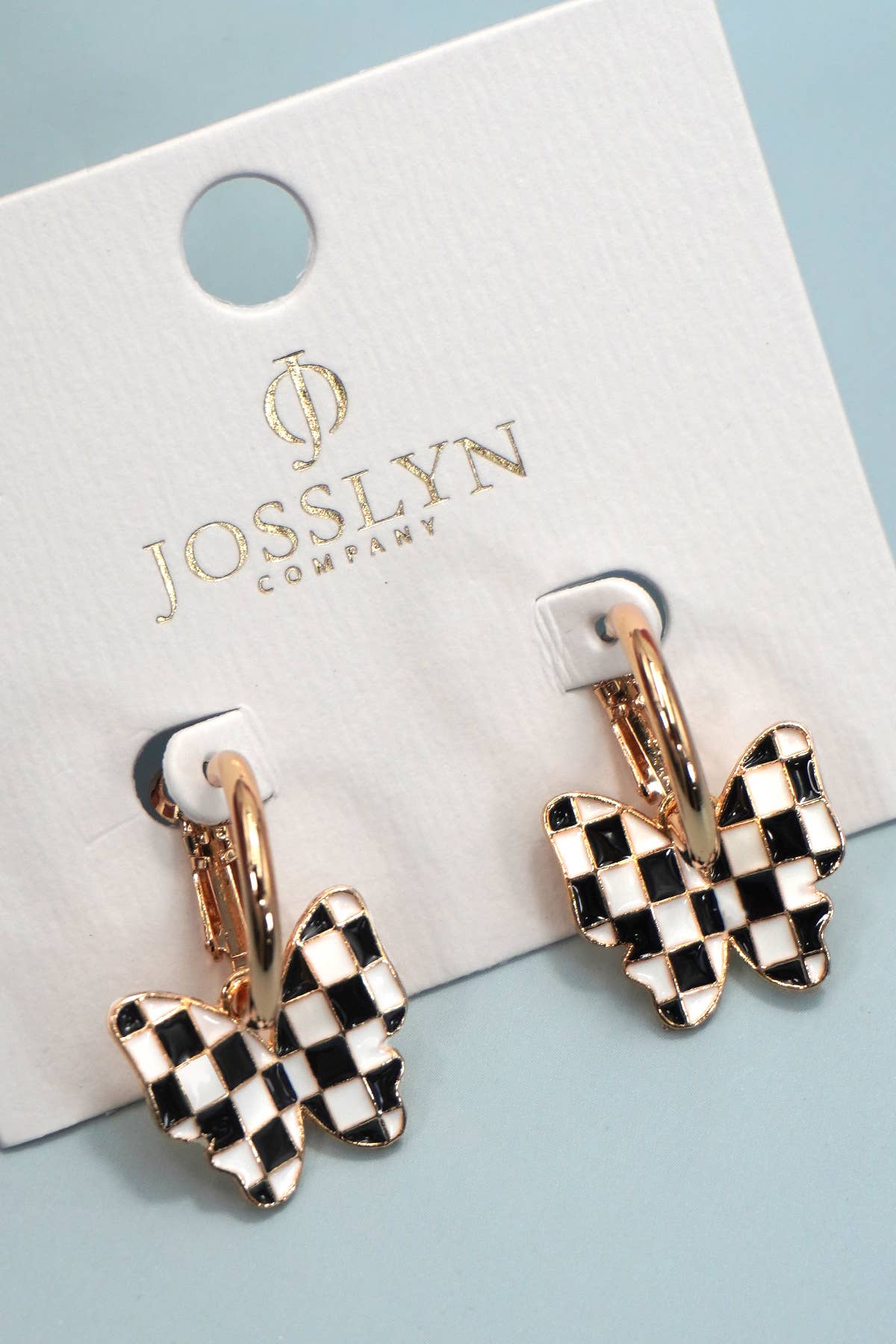 CHECKER BUTTERFLY HUGGIE HOOP DROP EARRINGS