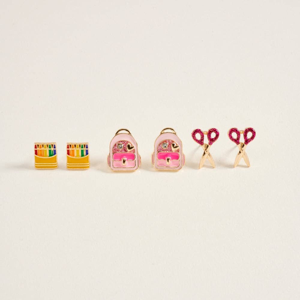 0.75 Inch School Crayon Bookbag Scissor 3 Pair Earrings Set