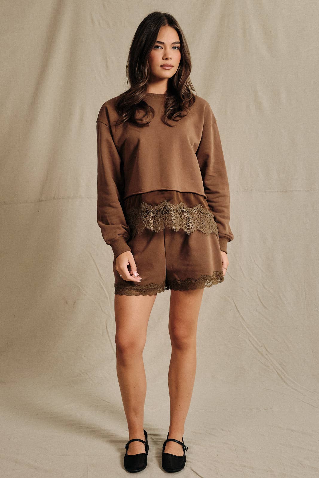 Round Neck Lace Trimmed Hem Long Sleeve Sweatshirt