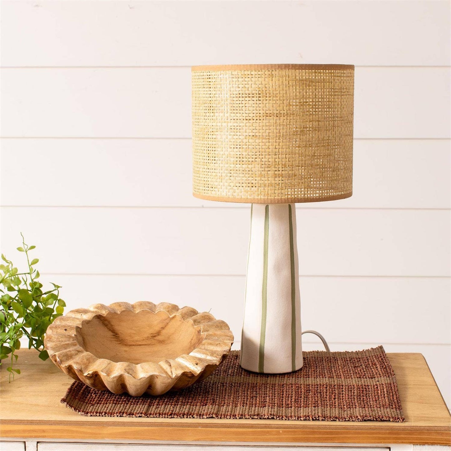 Lamp - Green Striped Base, Natural Woven Shade