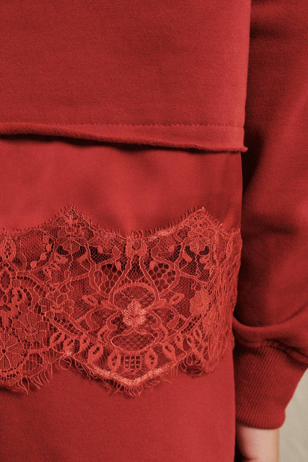 Round Neck Lace Trimmed Hem Long Sleeve Sweatshirt