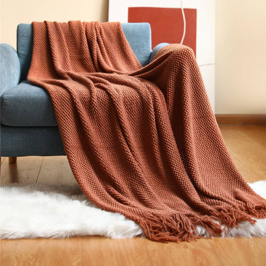 Terracotta-Knit Textured 50"x60" Throw Blanket with Fringe