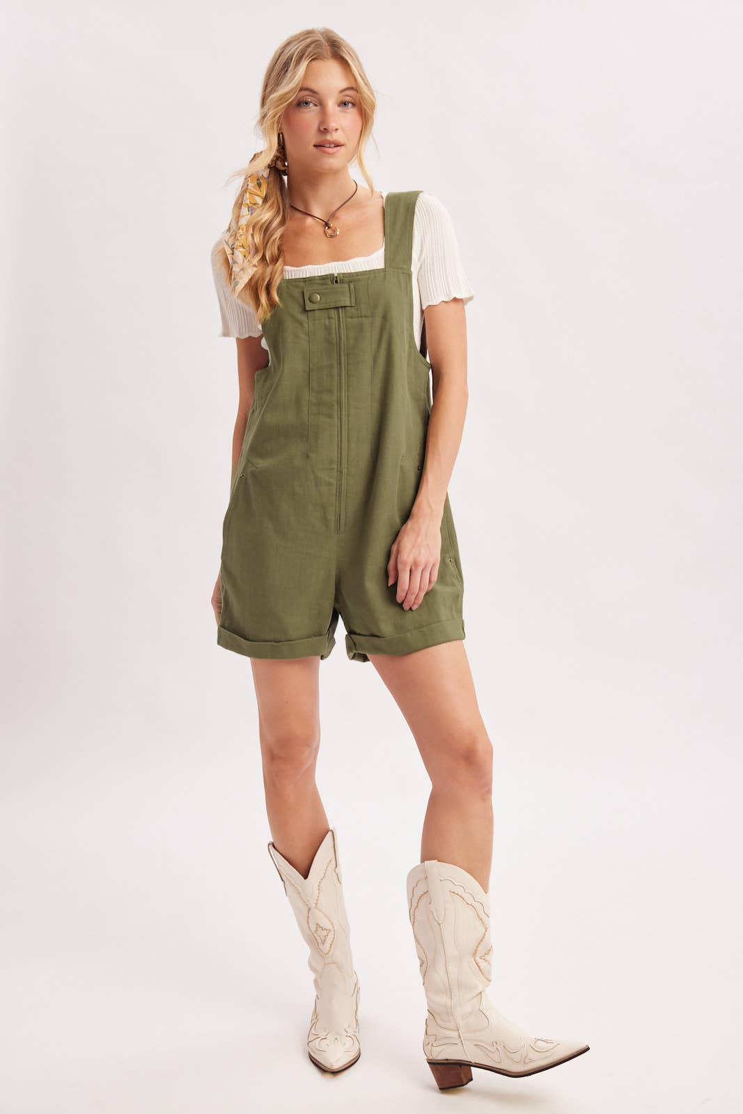 ZIPPER FRONT SNAP BUTTON SQUARE NECK SHORTALLS