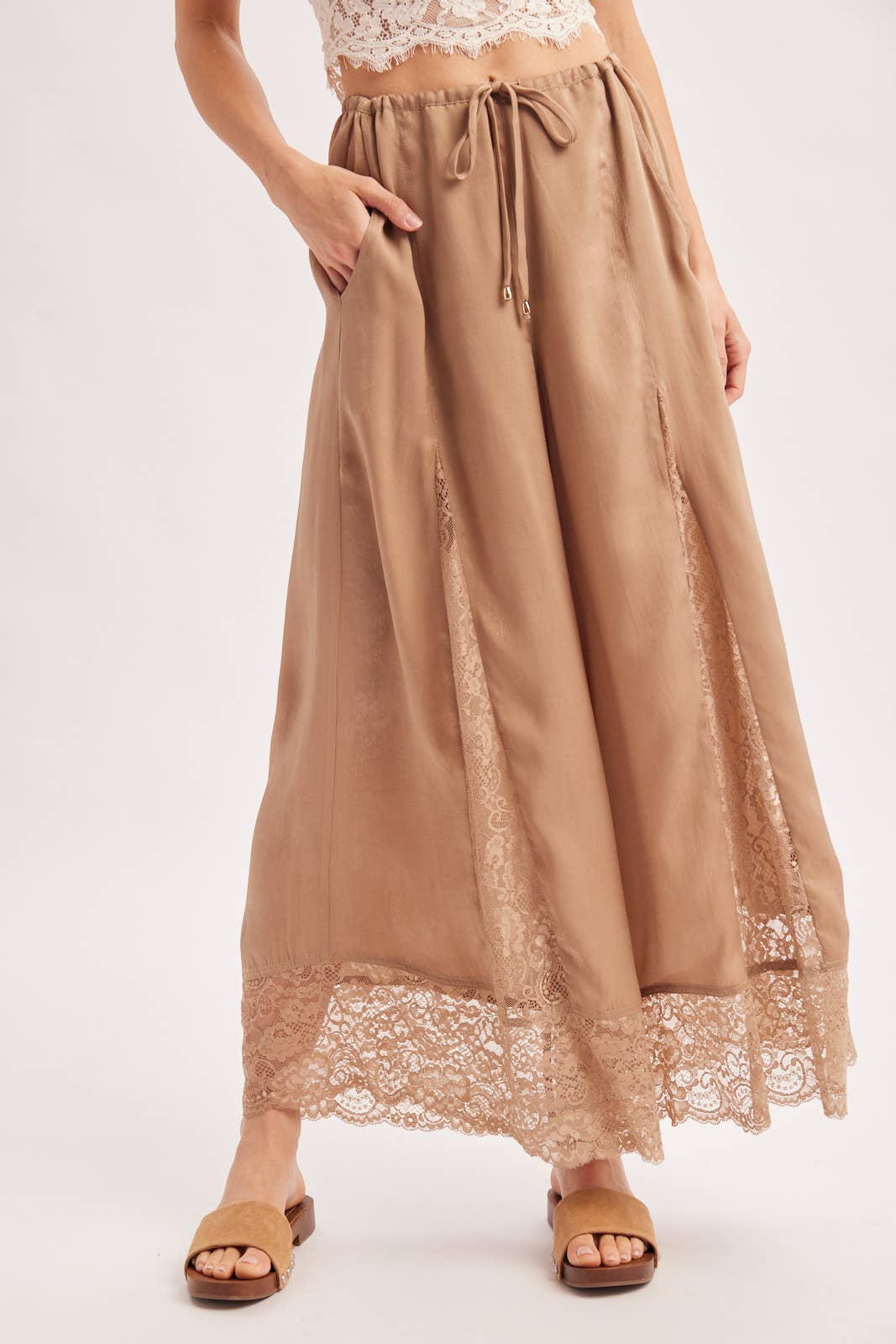 SATIN LACE TRIMMED DRAWSTRING PALAZZO PANTS
