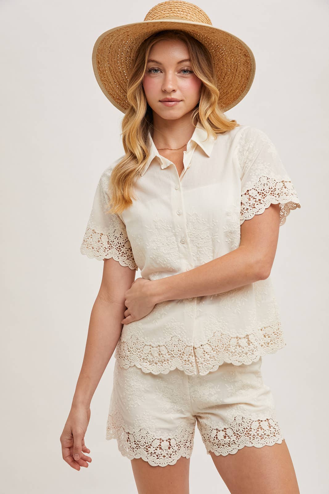 EMBROIDERED LACE TRIMMED BUTTON DOWN SHIRT