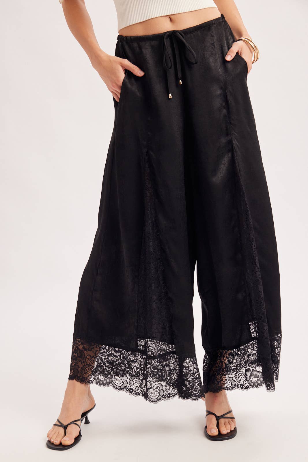SATIN LACE TRIMMED DRAWSTRING PALAZZO PANTS