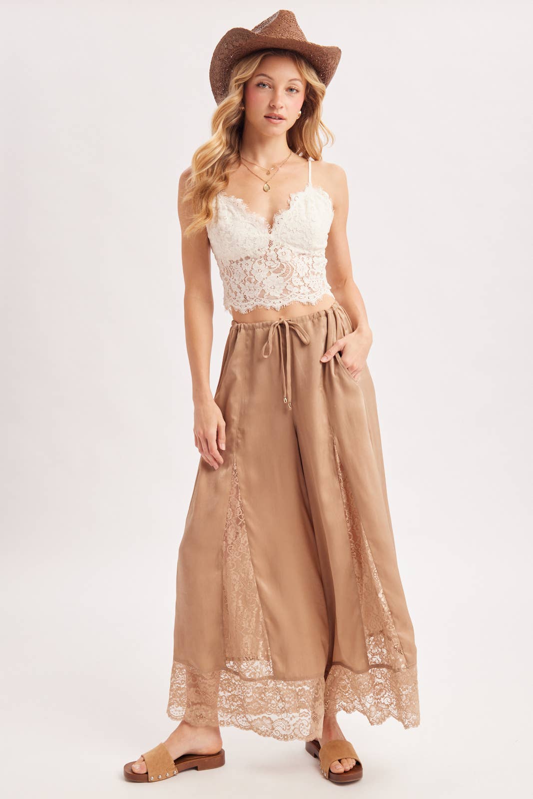 SATIN LACE TRIMMED DRAWSTRING PALAZZO PANTS
