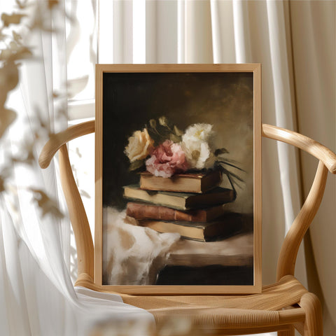 Painterly digital artwork of a stack of vintage books topped with pale peonies, resting on a linen-covered surface; soft, romantic French country aesthetic.
