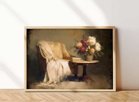 Digital painting of a warm-toned armchair with a blanket draped over it, next to a round wooden table holding a vase of flowers and stacked books; styled in vintage French country decor