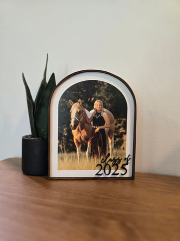 
Custom arched photo frame with faux leather border and raised "Class of 2025" lettering